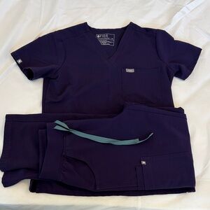Figs Deep Purple Scrub Top and Pants Set with Teal Drawstring